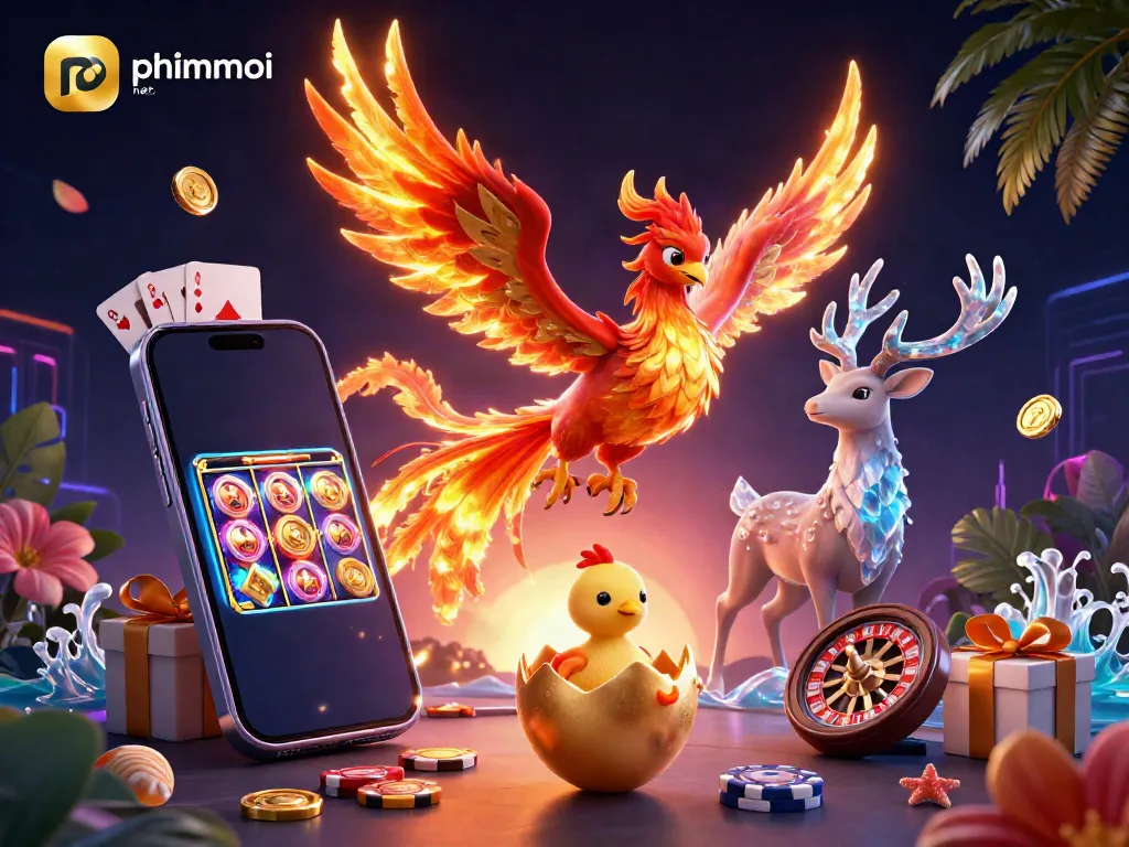 Experience the magic of phimmoi net. with vibrant 3D phoenix and dynamic casino elements in an engaging scene.