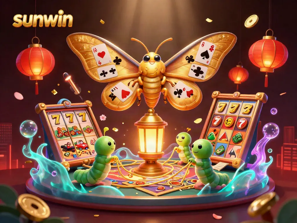 Experience winning spins at sunwin with a vibrant 3D casino scene featuring golden moths and slot machines.