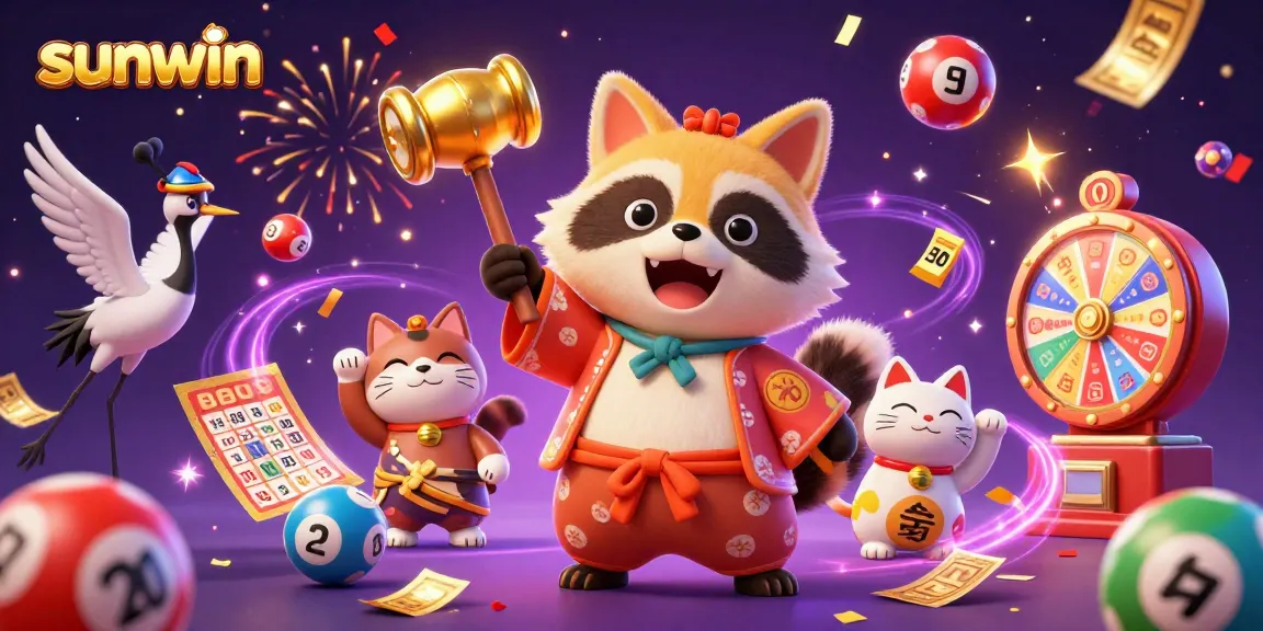 Experience the excitement of sunwin with a vibrant 3D scene of fortune cats and a cheerful tanuki.