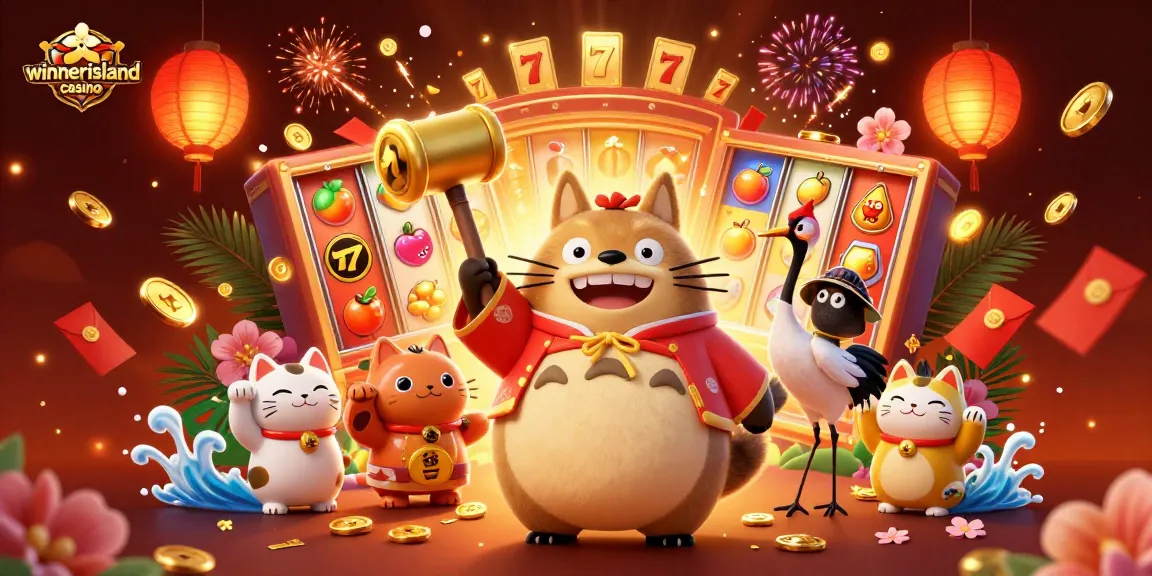 winnerisland casino showcases a vibrant scene with cheerful characters and dynamic slot symbols for a fun gaming experience.