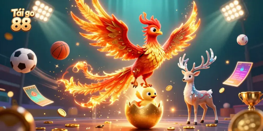 Experience the excitement of Tải go 88 with a vibrant scene featuring a phoenix and gaming elements.