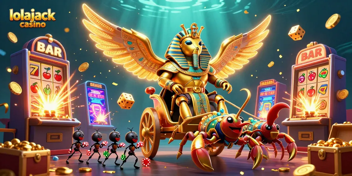 Experience thrilling moments at lolajack casino with golden scarab characters and vibrant games.