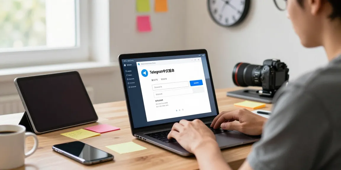 Setting up Telegram Chinese Version in a modern office environment with a user engaged on a laptop.