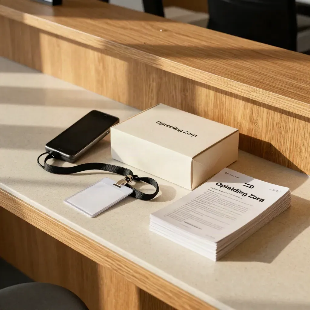 Onboardingstation met blanco badgekoord, welkomstdoos, telefoonhouder en trainingsmodules