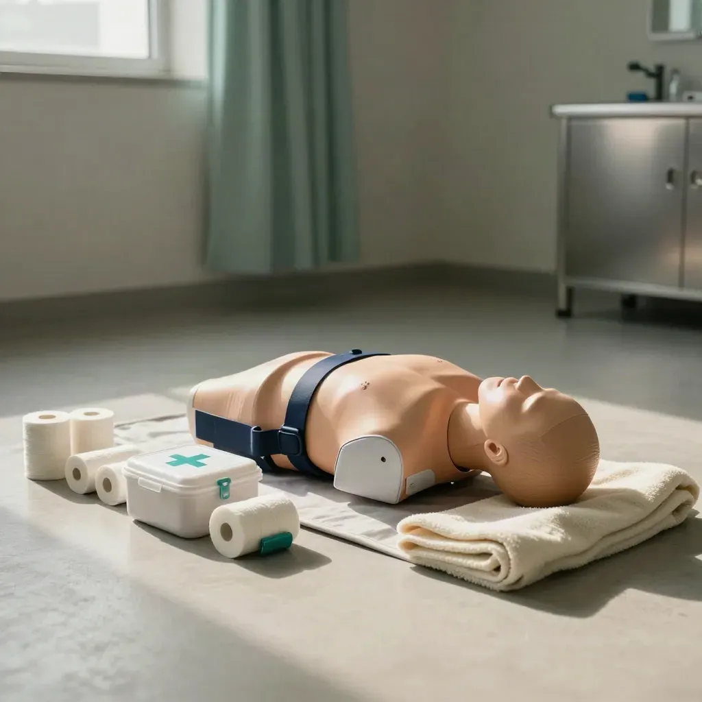 Simulatieruimte met CPR-torso, verbandrollen en eerstehulpkit in zacht daglicht