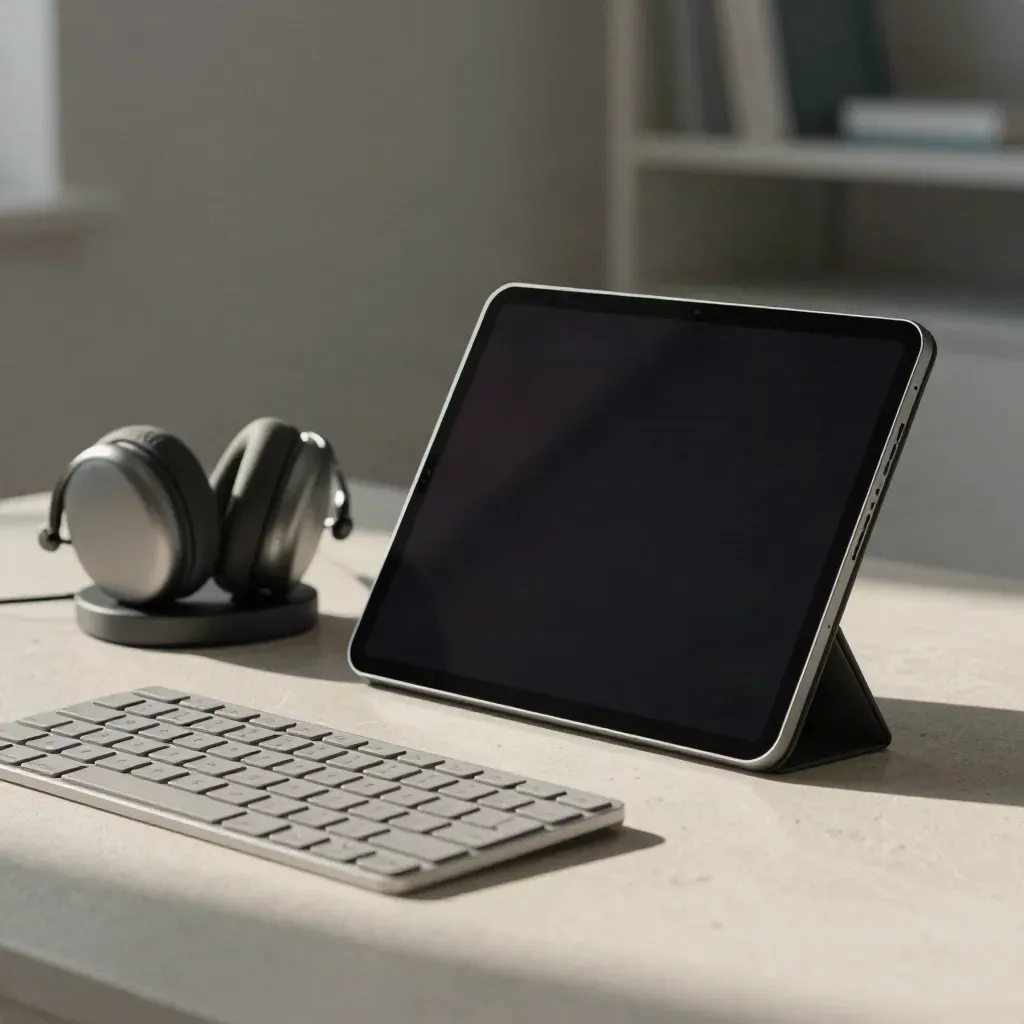 Tablet, headset en oplaaddock op steen voor e-learning zorgteams.