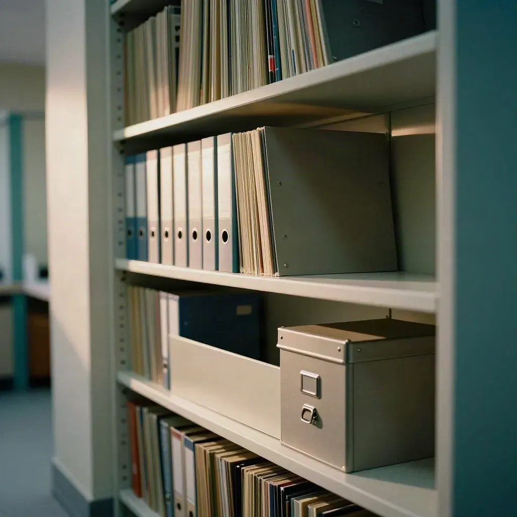 Archiefkast met mappen, slotdoos en opgevouwen privacyscherm in een zorgkantoor