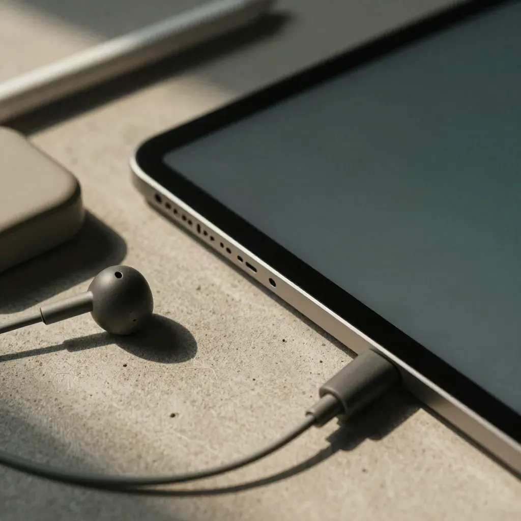 Tablet, oordopjes, stylus en laadpuck op licht beton met koel blauwgroen schermlicht.