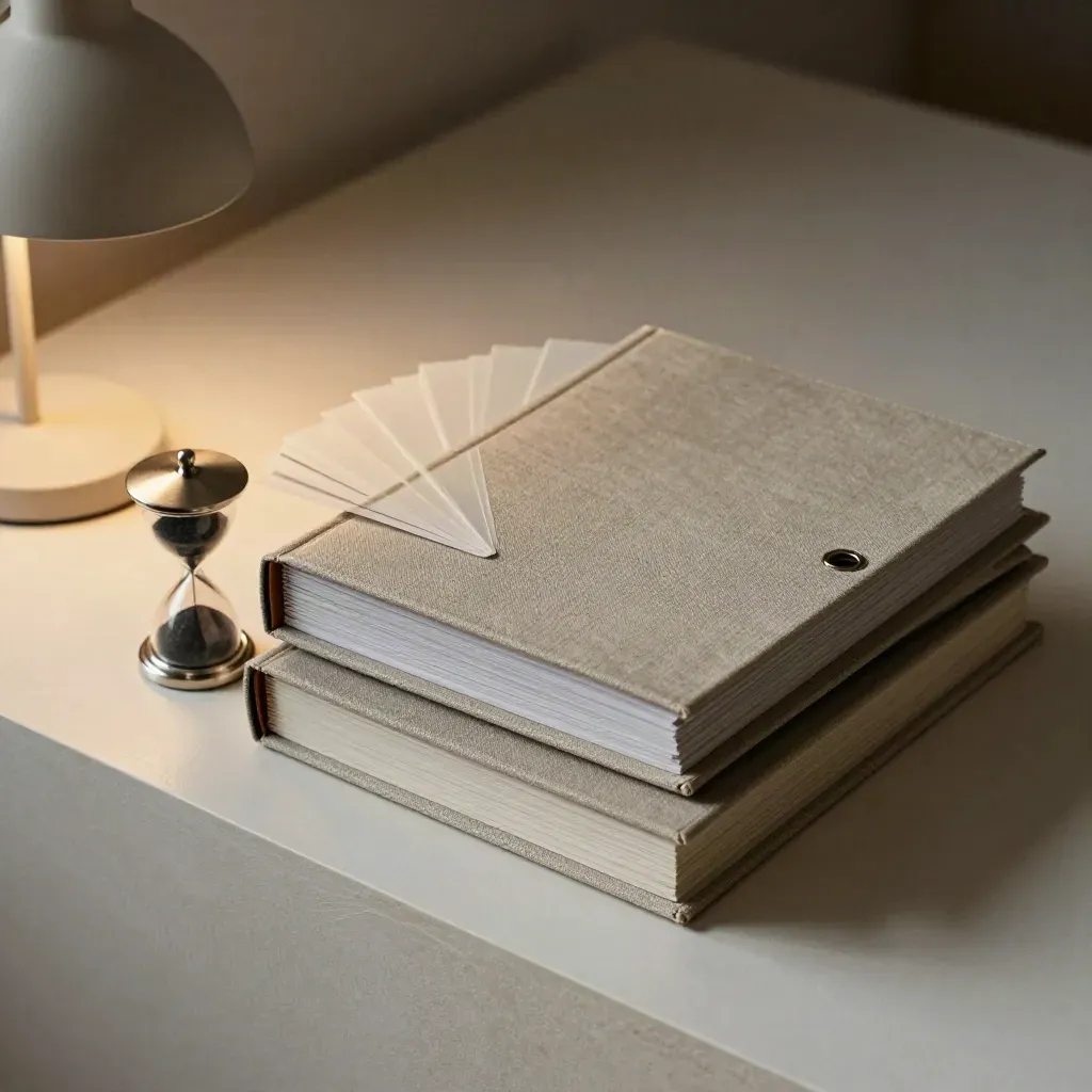 Bovenaanzicht van binders, kleurtabs, timer en bureaulamp op lichte steensweep.