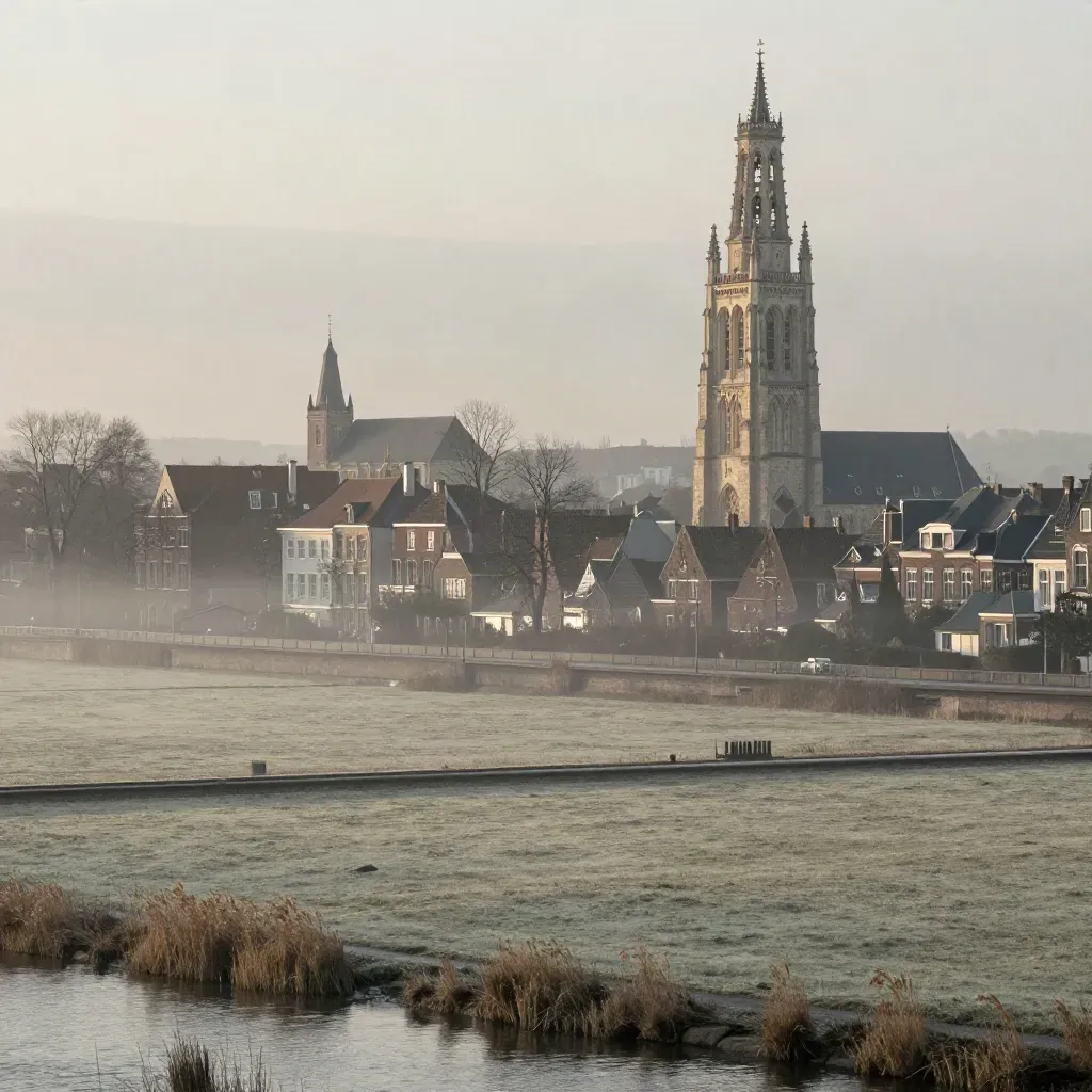 Domtoren boven mistig Utrecht met rivierweiden in zacht ochtendlicht