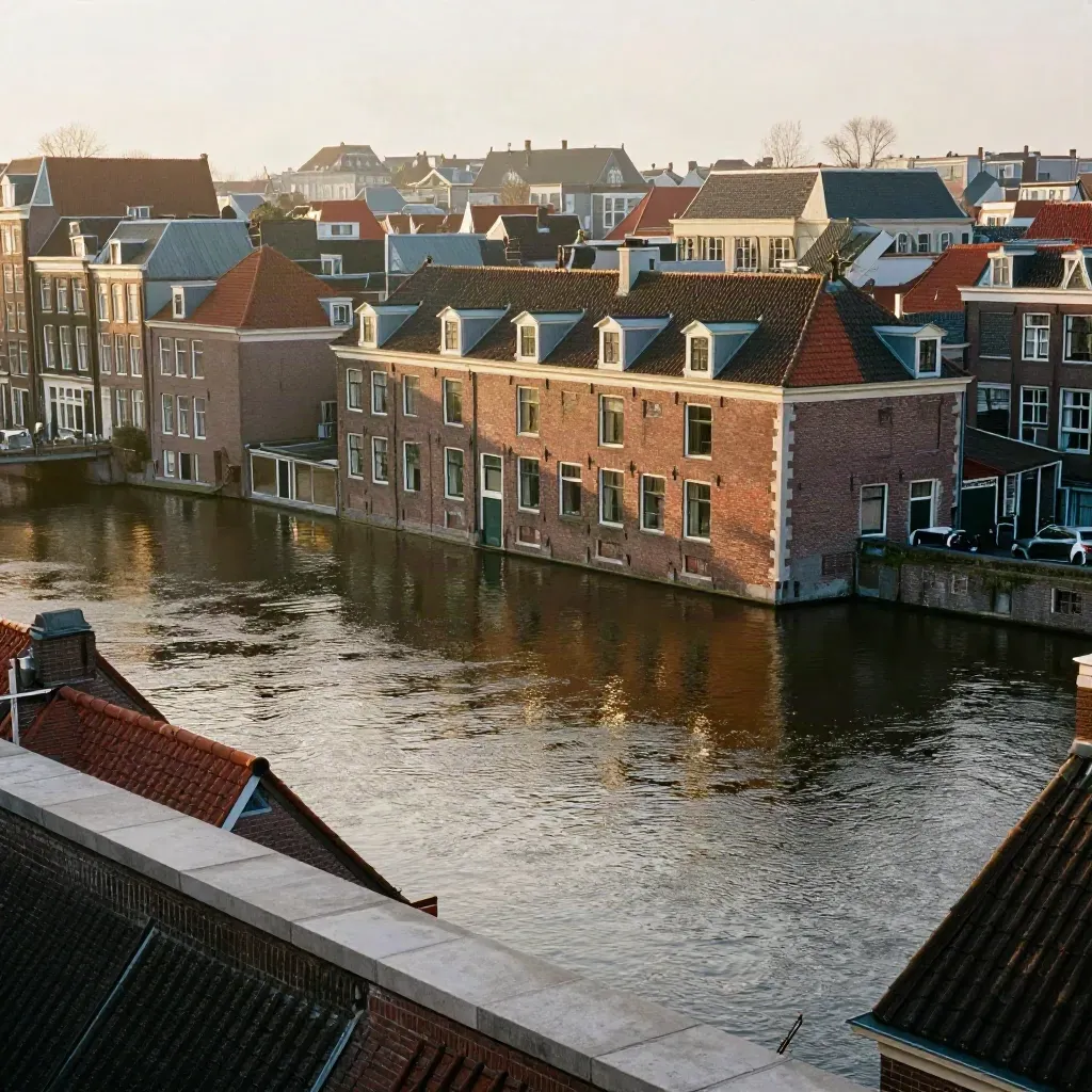 Amsterdamse grachten met bakstenen gevels in warme ochtendmist