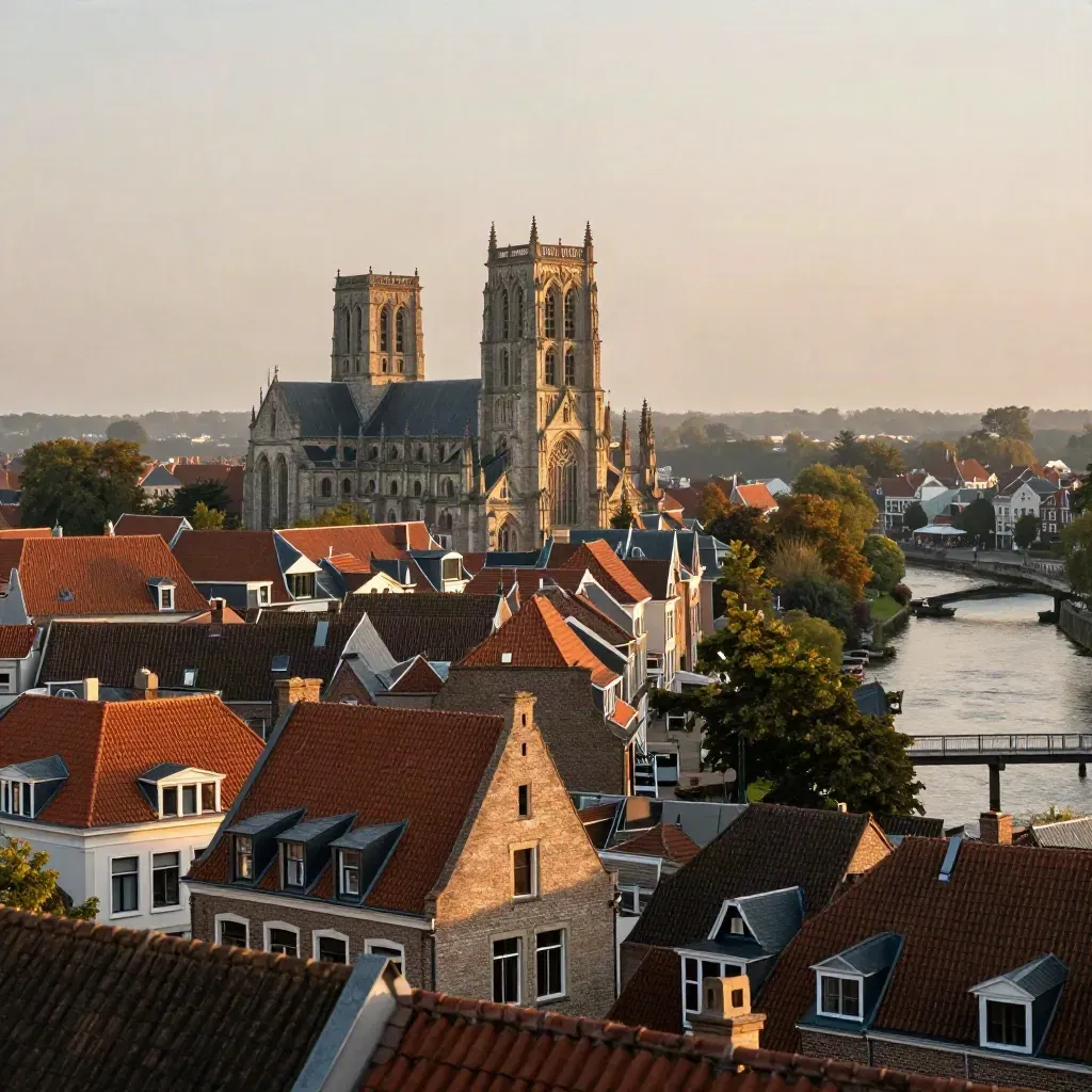 Silhouet van de Sint-Janskathedraal boven Den Bosch, met mistige daken en een rustige rivierbocht.