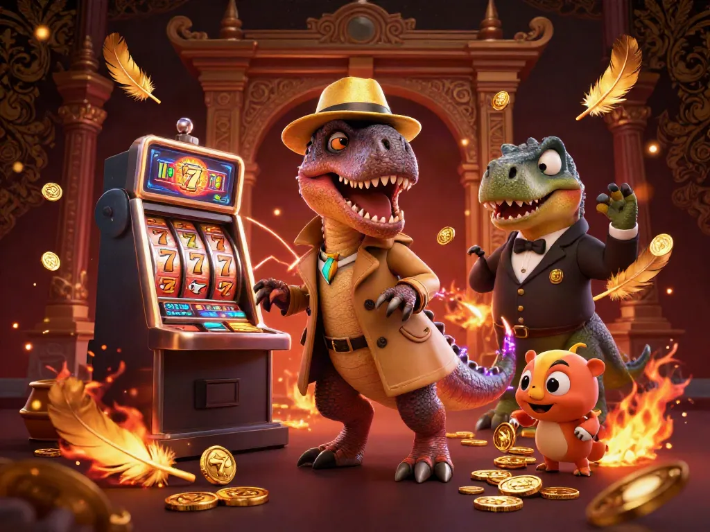 Engage with link gacor strategies at a fun cartoon casino scene featuring a velociraptor at a slot machine.
