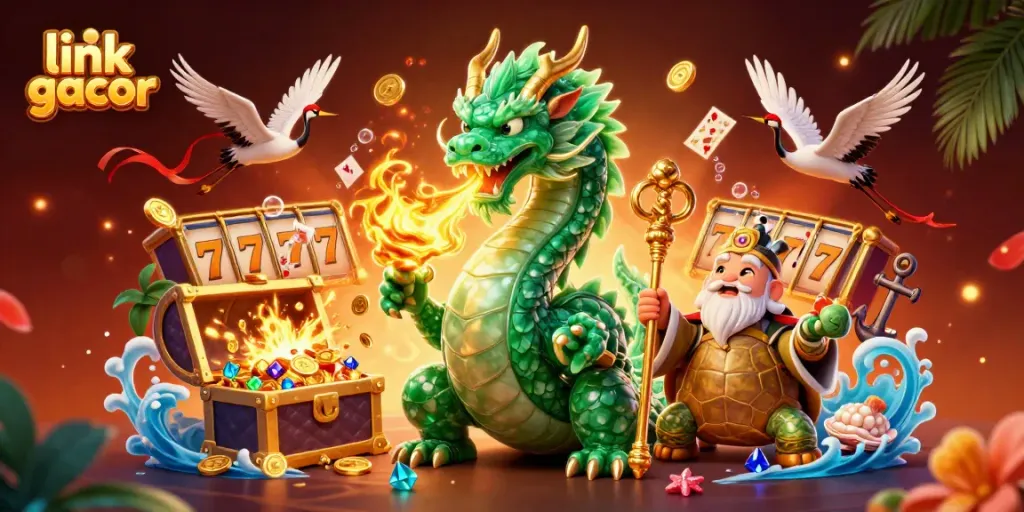Engage with link gacor in an exciting casino scene showcasing a dragon, turtle sage, and lucky cranes among vibrant slot reels and treasure.
