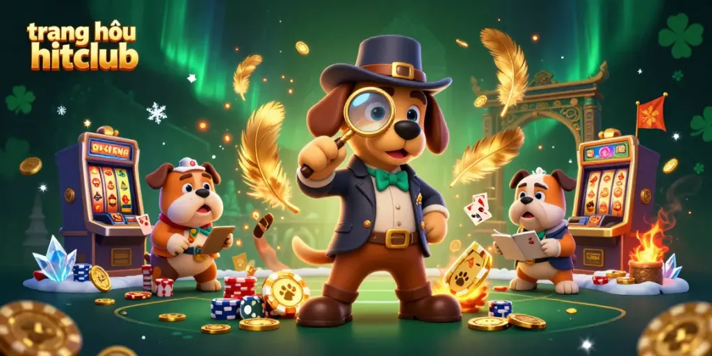 Engage with the vibrant action at trang chủ hitclub featuring golden chips, dynamic characters, and casino elements.