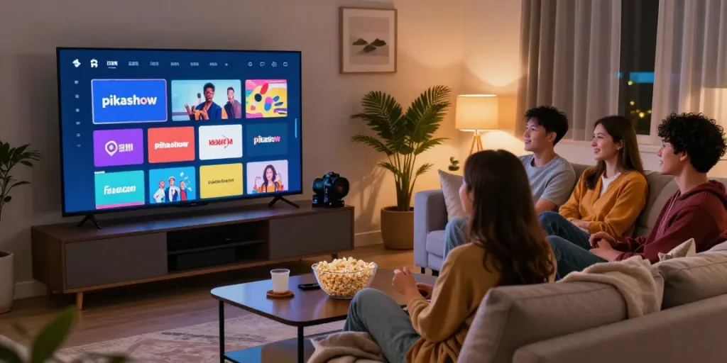 Pikashow interface showcased on a big screen during a movie night with friends.