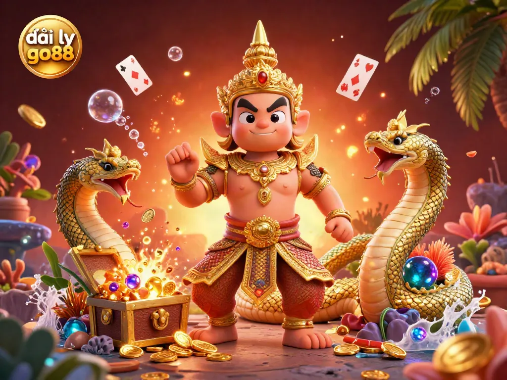 Engage with đại lý go88 through a vibrant scene featuring a golden yaksha guardian and treasure-filled elements, perfect for players.