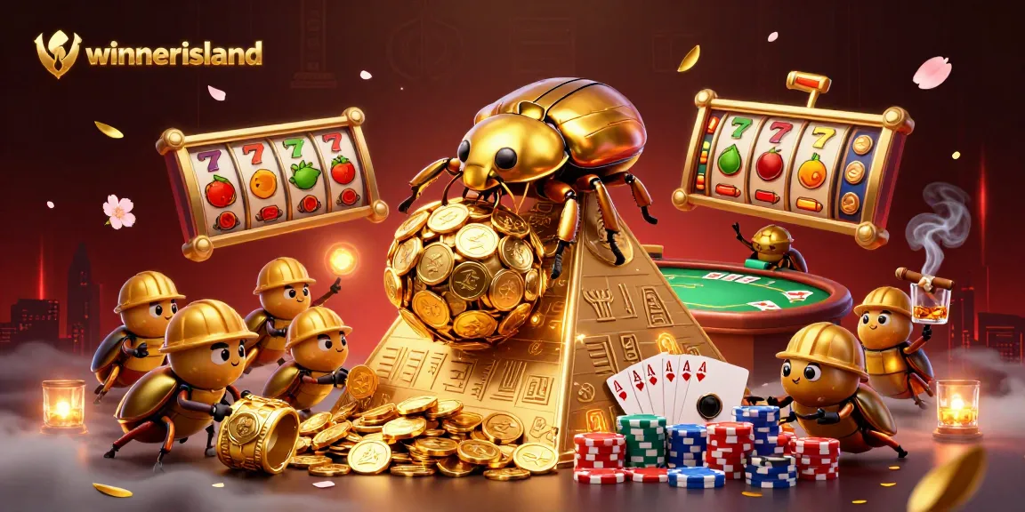 Experience thrilling gaming at winnerisland with a cartoon golden dung beetle rolling coins and vibrant poker elements.