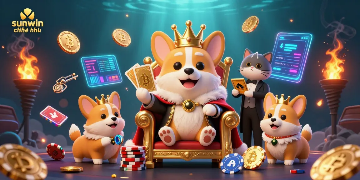 Experience the thrill of sunwin chính thức in this vibrant 3D illustration showcasing a royal corgi and casino elements.
