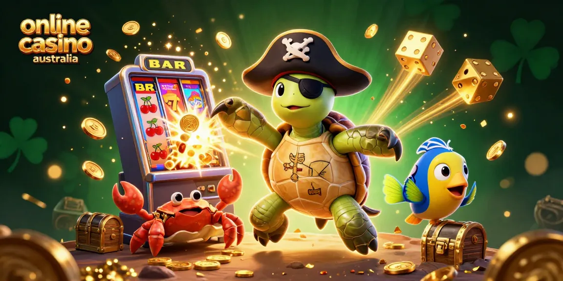 Engaging 3D illustration showcasing online casino Australia with a pirate turtle, treasure, and casino elements.