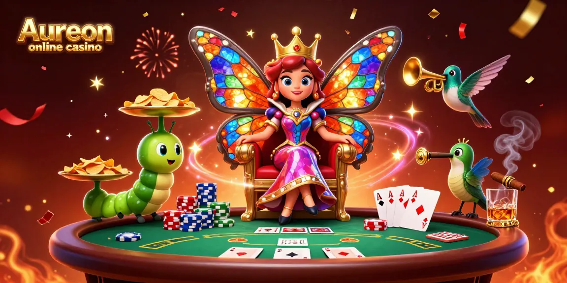 Aureon online casino features a vibrant 3D scene with a butterfly queen, poker chips, and confetti celebrating gameplay.